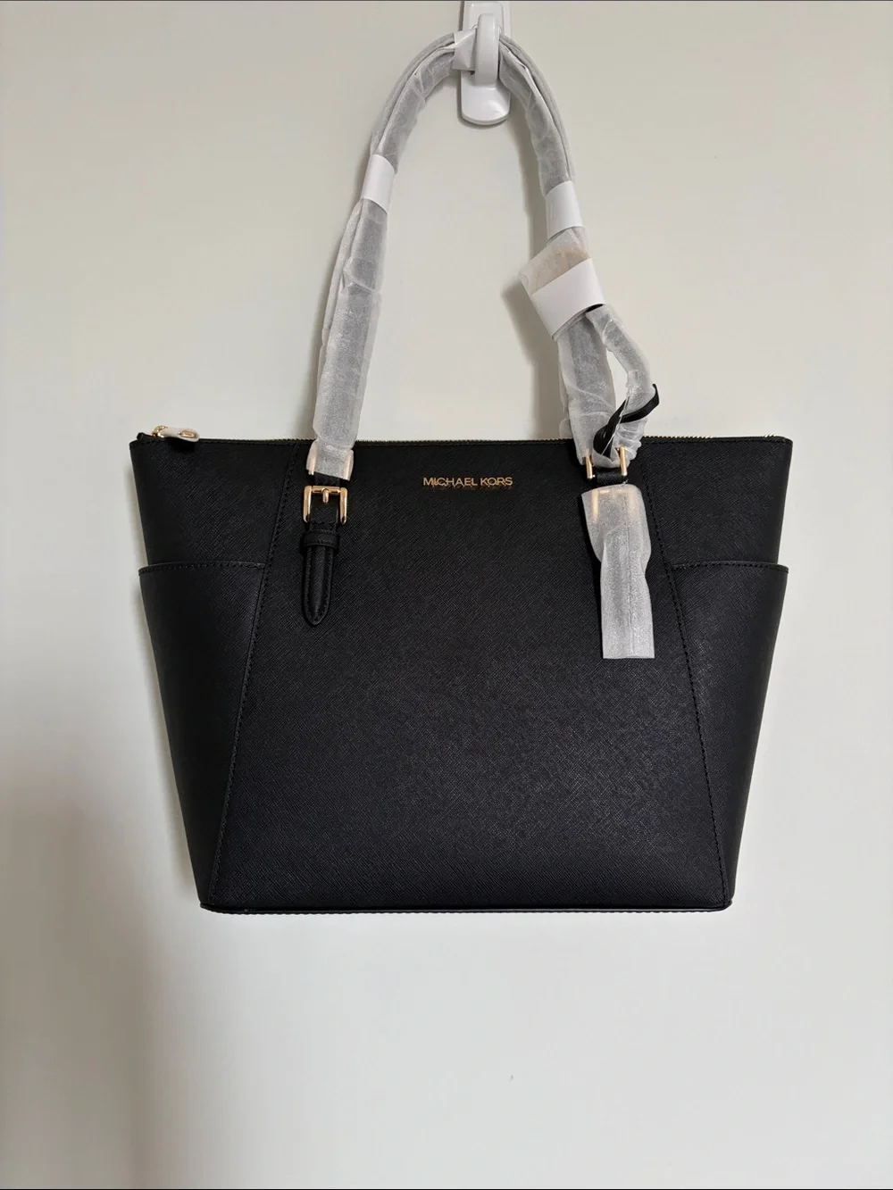 Michael Kors Black Leather Tote with Gold Hardware